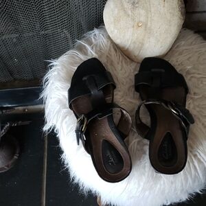 Clarks Black Leather Slide Sandals